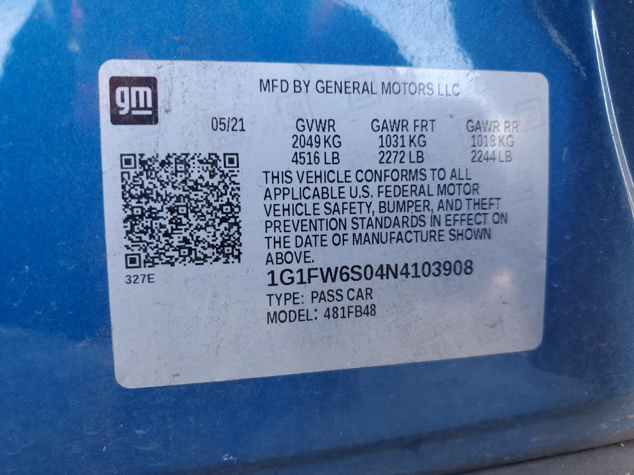 2022 CHEVROLET BOLT EV 1LT VIN:1G1FW6S04N4103908