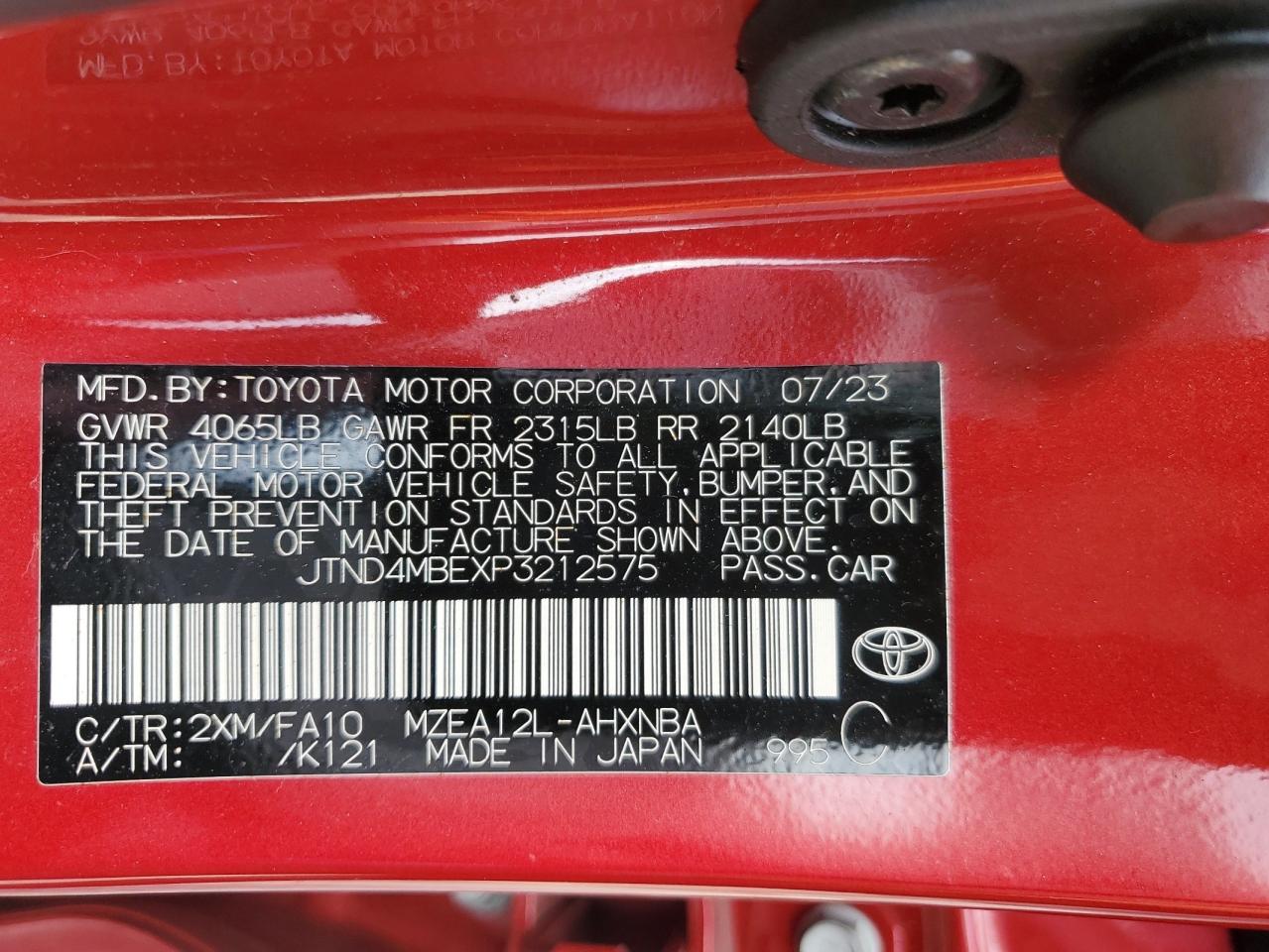 2023 TOYOTA COROLLA SE VIN:JTND4MBEXP3212575