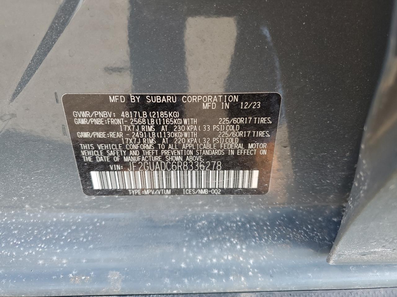 2024 SUBARU CROSSTREK PREMIUM VIN:JF2GUADC6R8336278