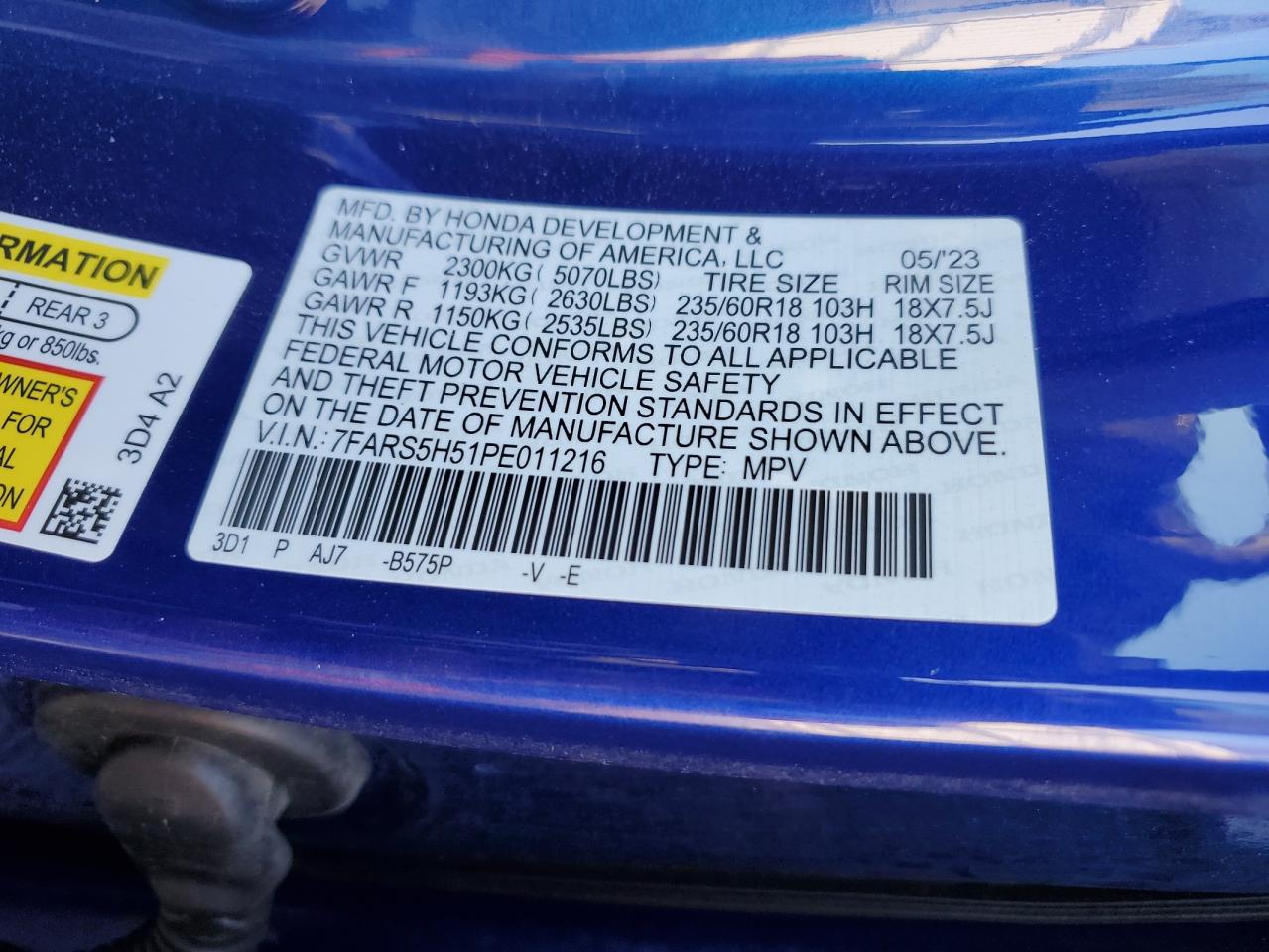 2023 HONDA CR-V SPORT VIN:7FARS5H51PE011216