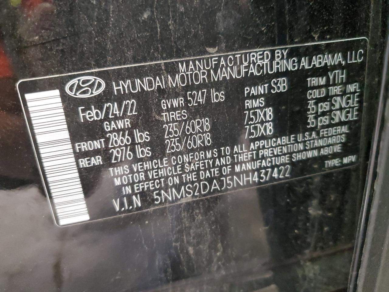 2022 HYUNDAI SANTA FE SEL VIN:5NMS2DAJ5NH437422