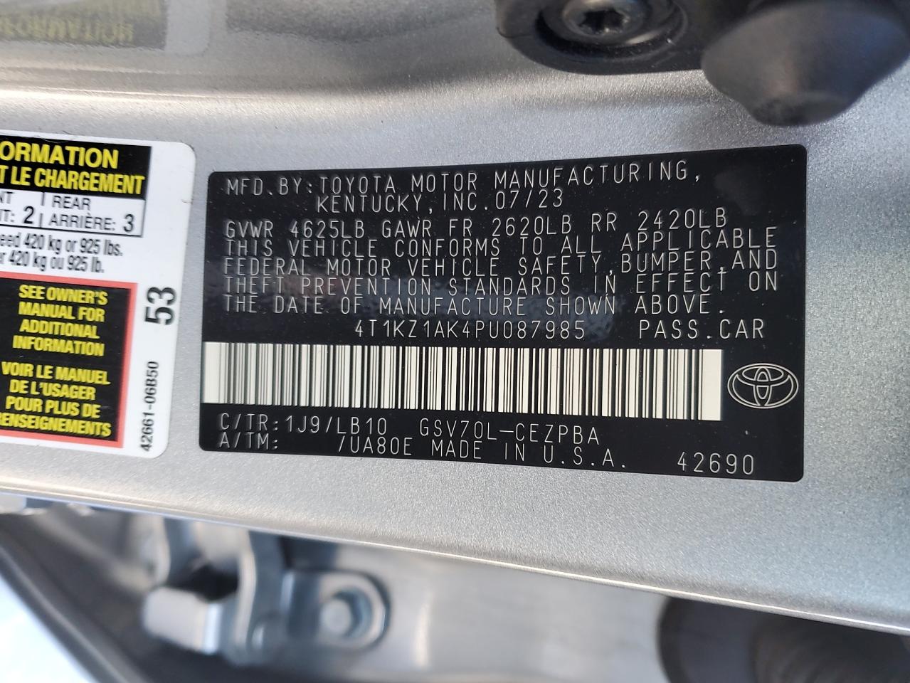 2023 TOYOTA CAMRY TRD VIN:4T1KZ1AK4PU087985