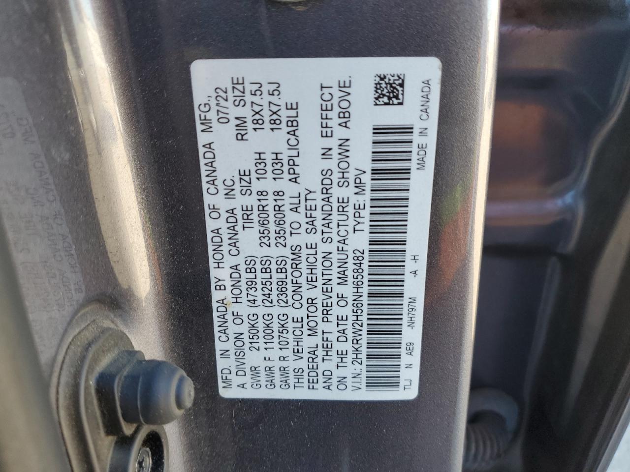 2022 HONDA CR-V EX VIN:2HKRW2H56NH658482