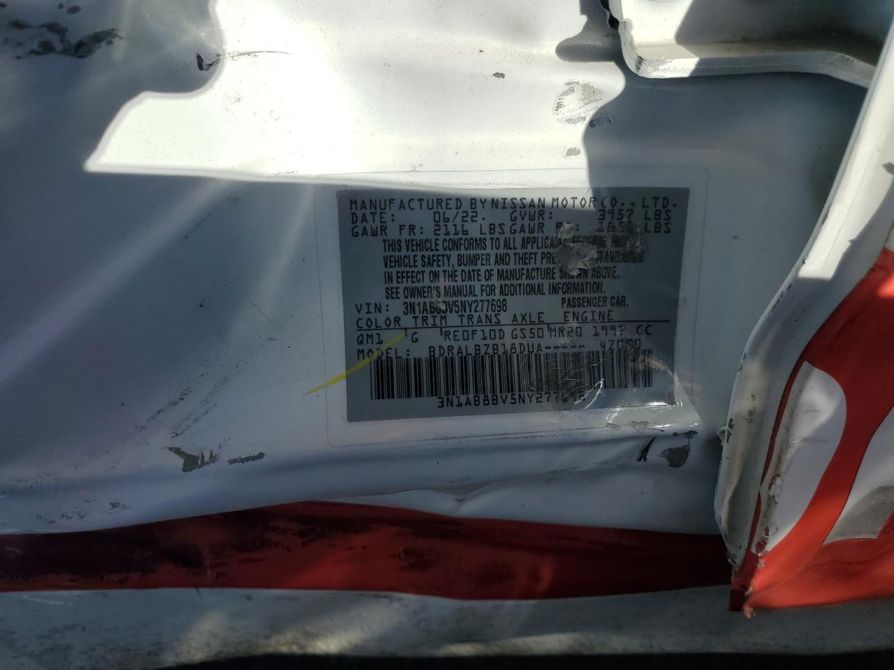 2022 NISSAN SENTRA S VIN:3N1AB8BV5NY277698