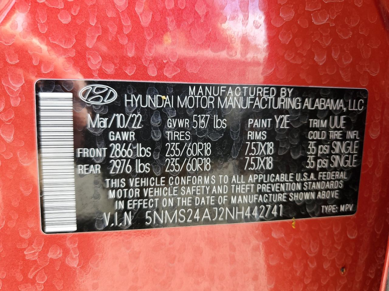 2022 HYUNDAI SANTA FE SEL VIN:5NMS24AJ2NH442741