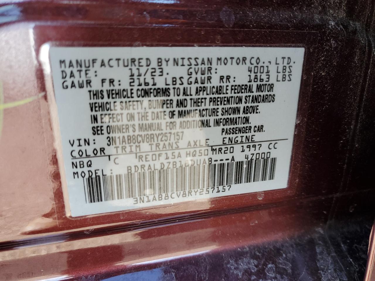 2024 NISSAN SENTRA SV VIN:3N1AB8CV8RY257157