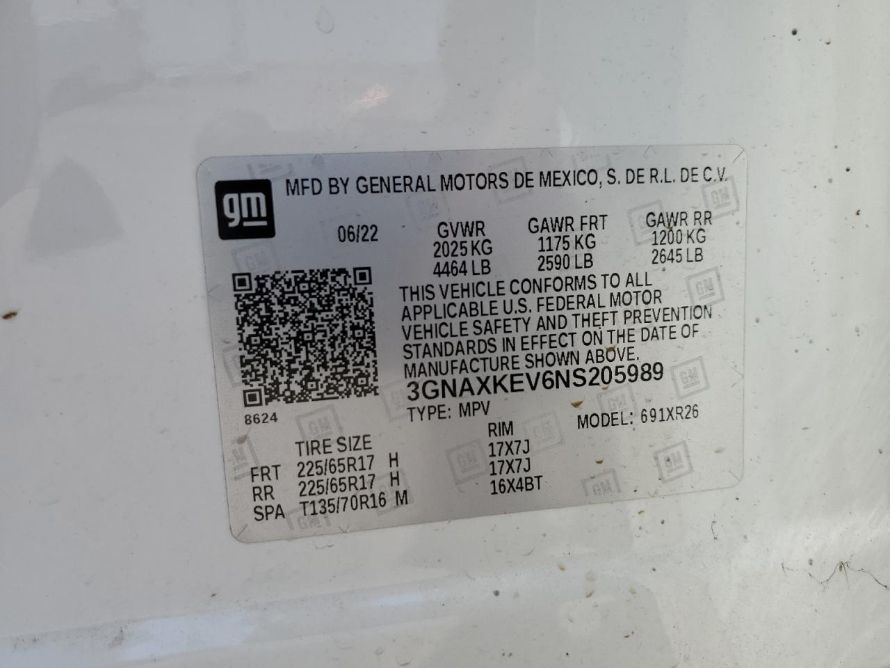 2022 CHEVROLET EQUINOX LT VIN:3GNAXKEV6NS205989