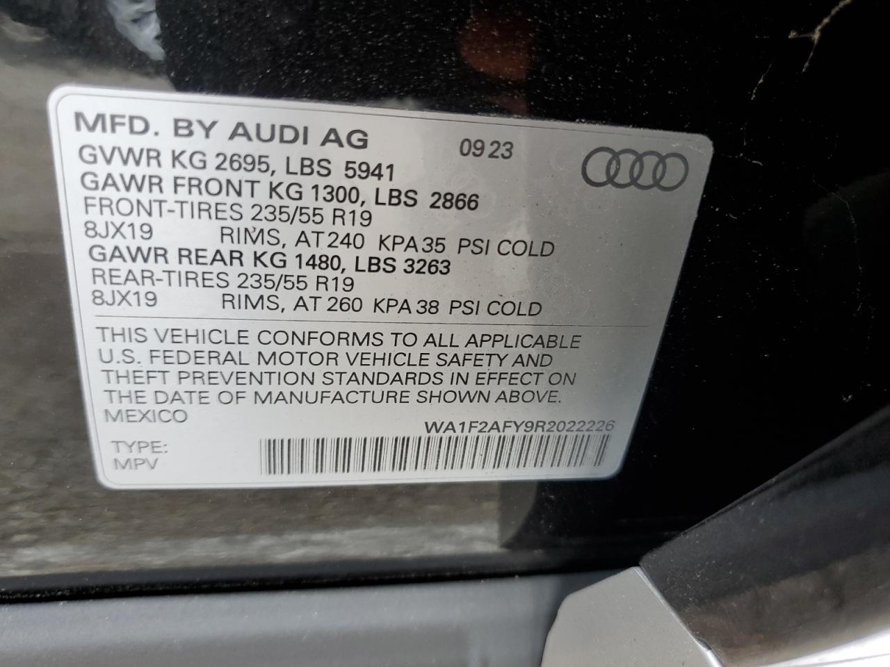 2024 AUDI Q5 E PRESTIGE 55 VIN:WA1F2AFY9R2022226