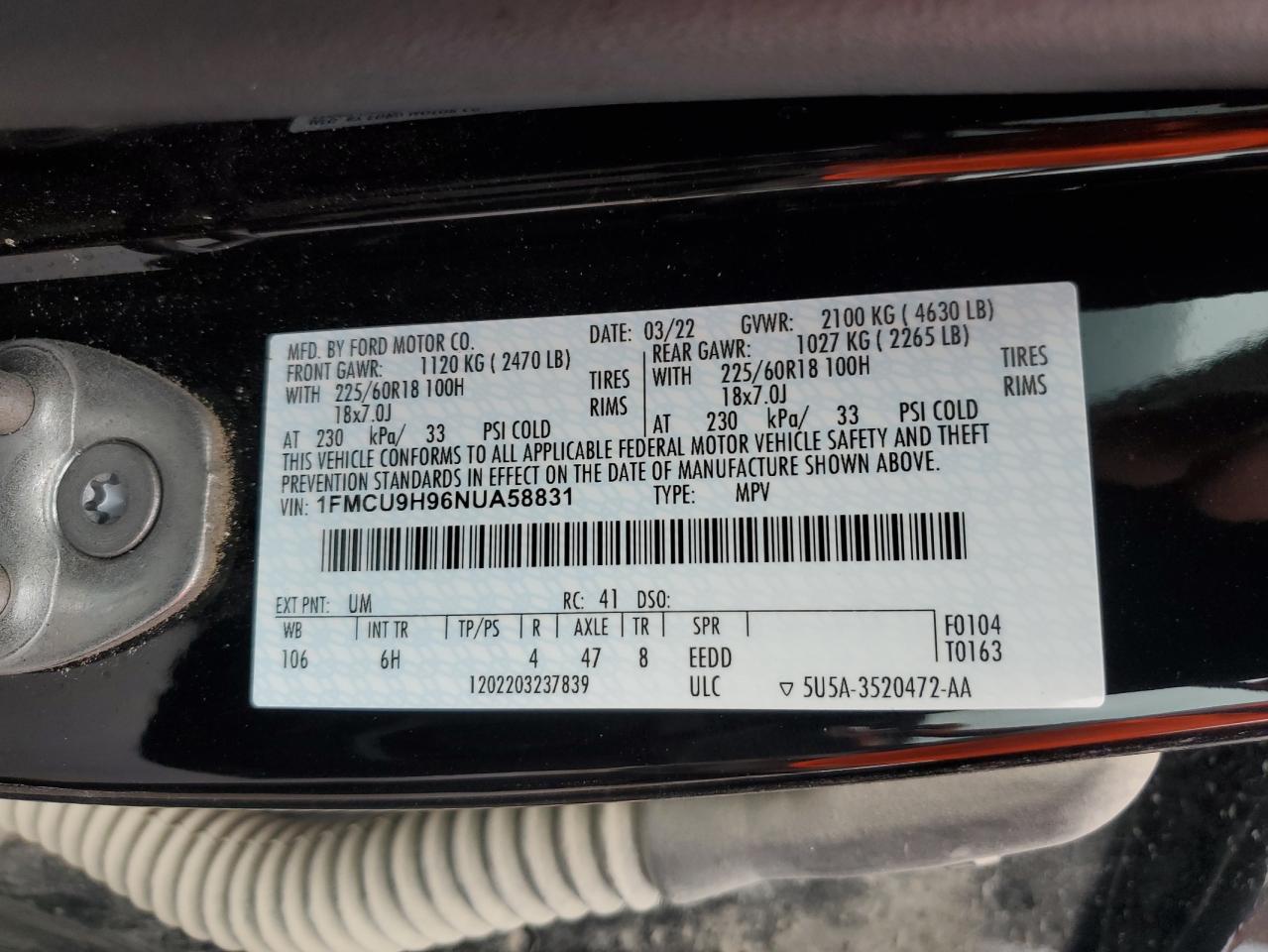 2022 FORD ESCAPE SEL VIN:1FMCU9H96NUA58831