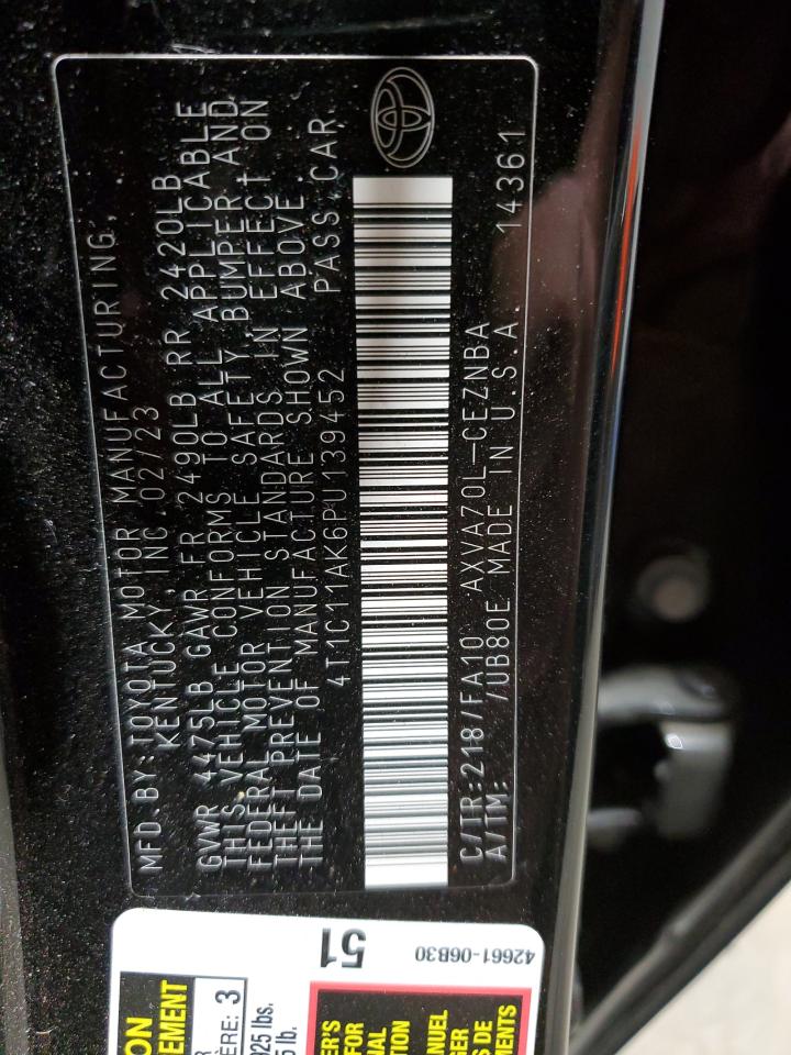 2023 TOYOTA CAMRY LE VIN:4T1C11AK6PU139452