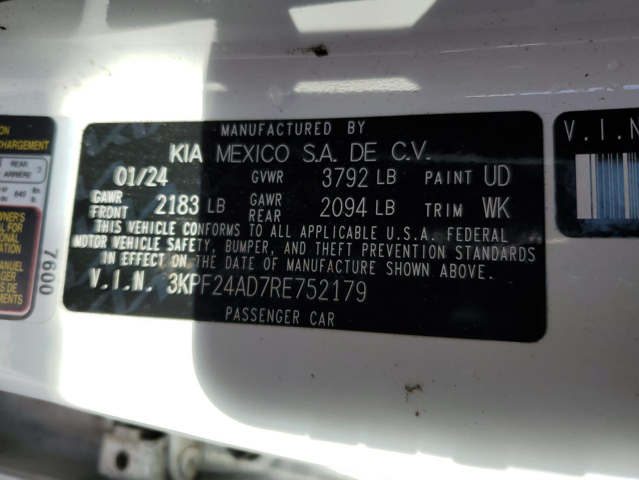 2024 KIA FORTE LX VIN:3KPF24AD7RE752179