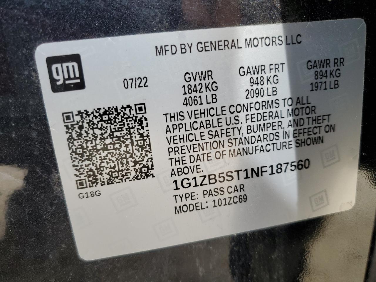 2022 CHEVROLET MALIBU LS VIN:1G1ZB5ST1NF187560