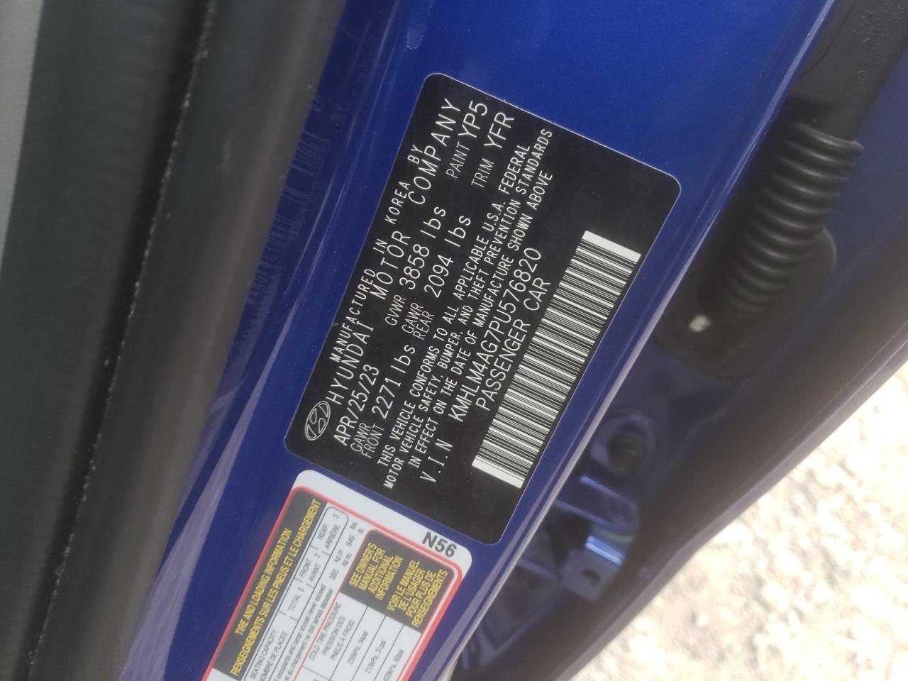2023 HYUNDAI ELANTRA SEL VIN:KMHLM4AG7PU576820