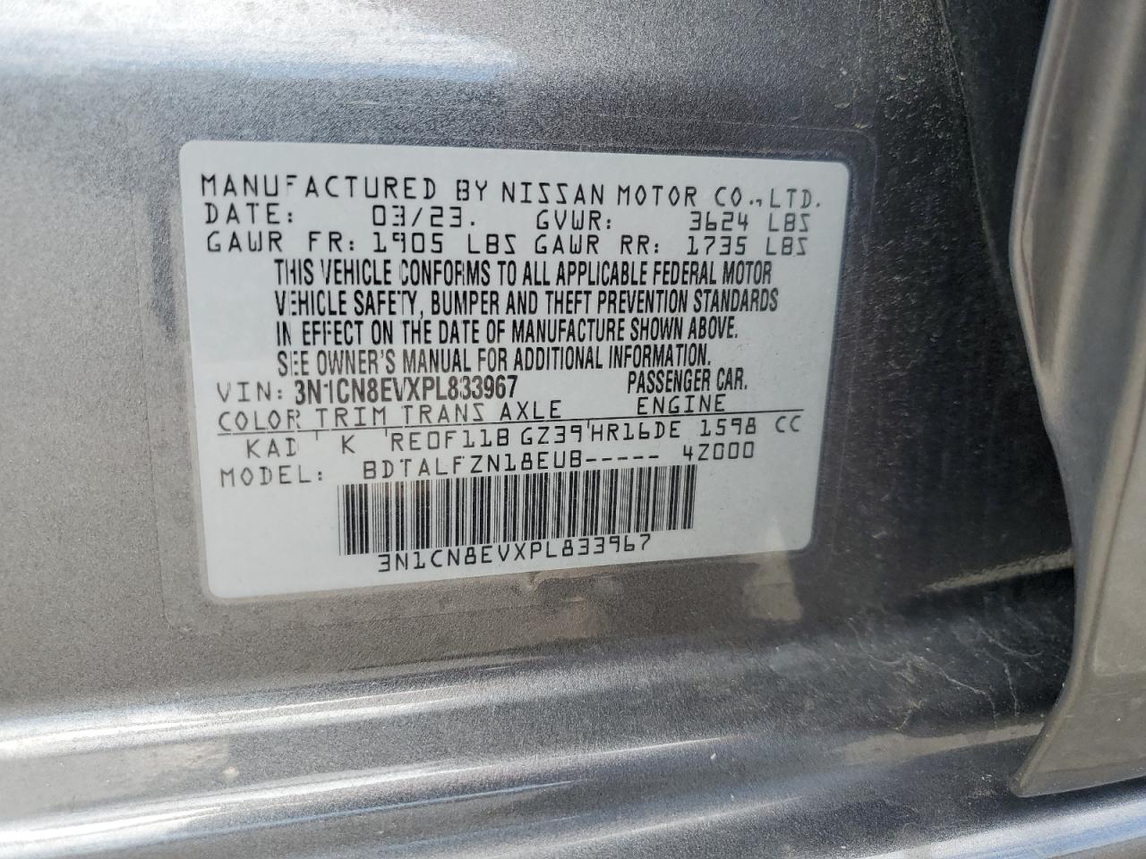 2023 NISSAN VERSA SV VIN:3N1CN8EVXPL833967