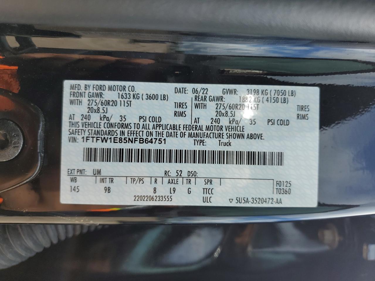 2022 FORD F150 SUPERCREW VIN:1FTFW1E85NFB64751