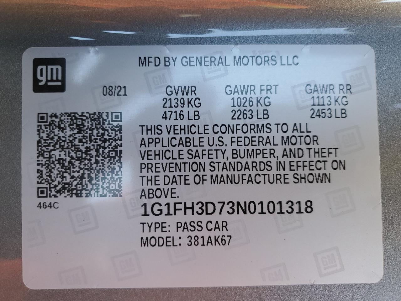 2022 CHEVROLET CAMARO SS VIN:1G1FH3D73N0101318