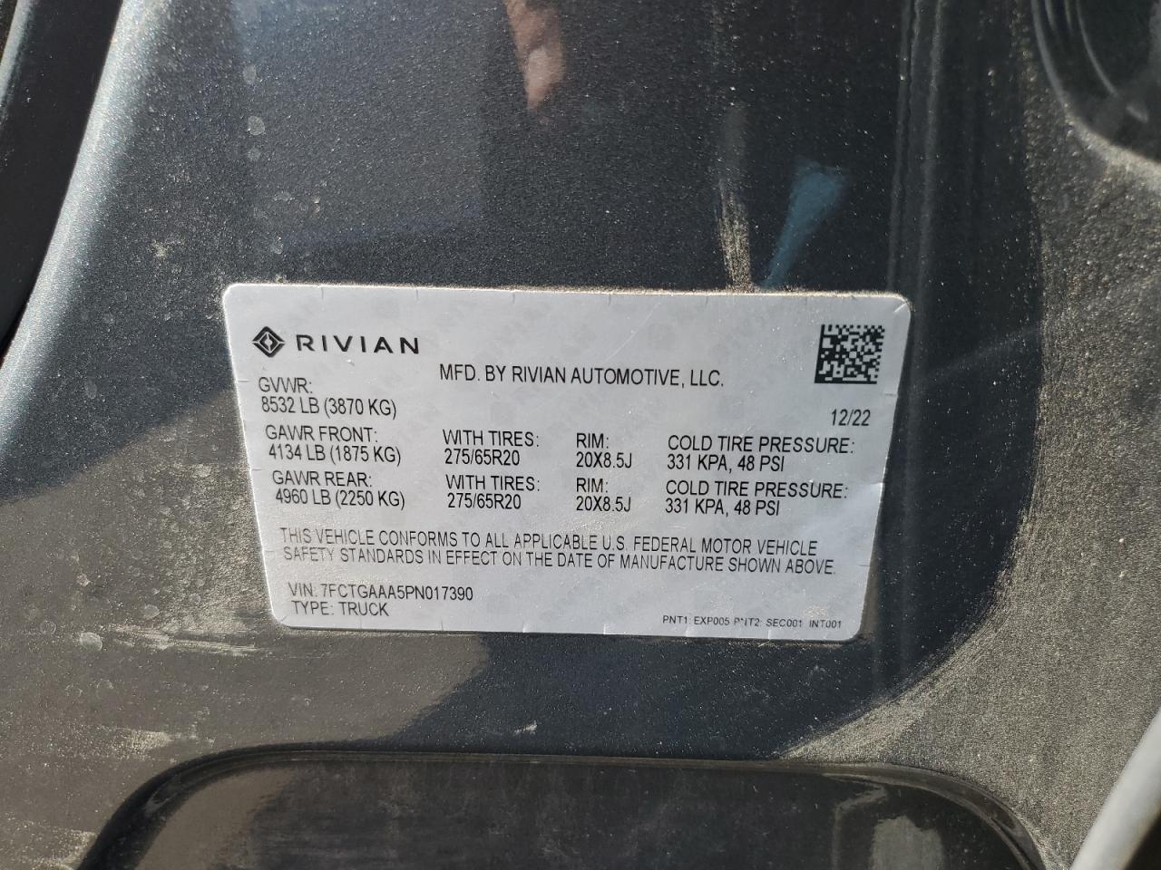 2023 RIVIAN R1T ADVENTURE VIN:7FCTGAAA5PN017390