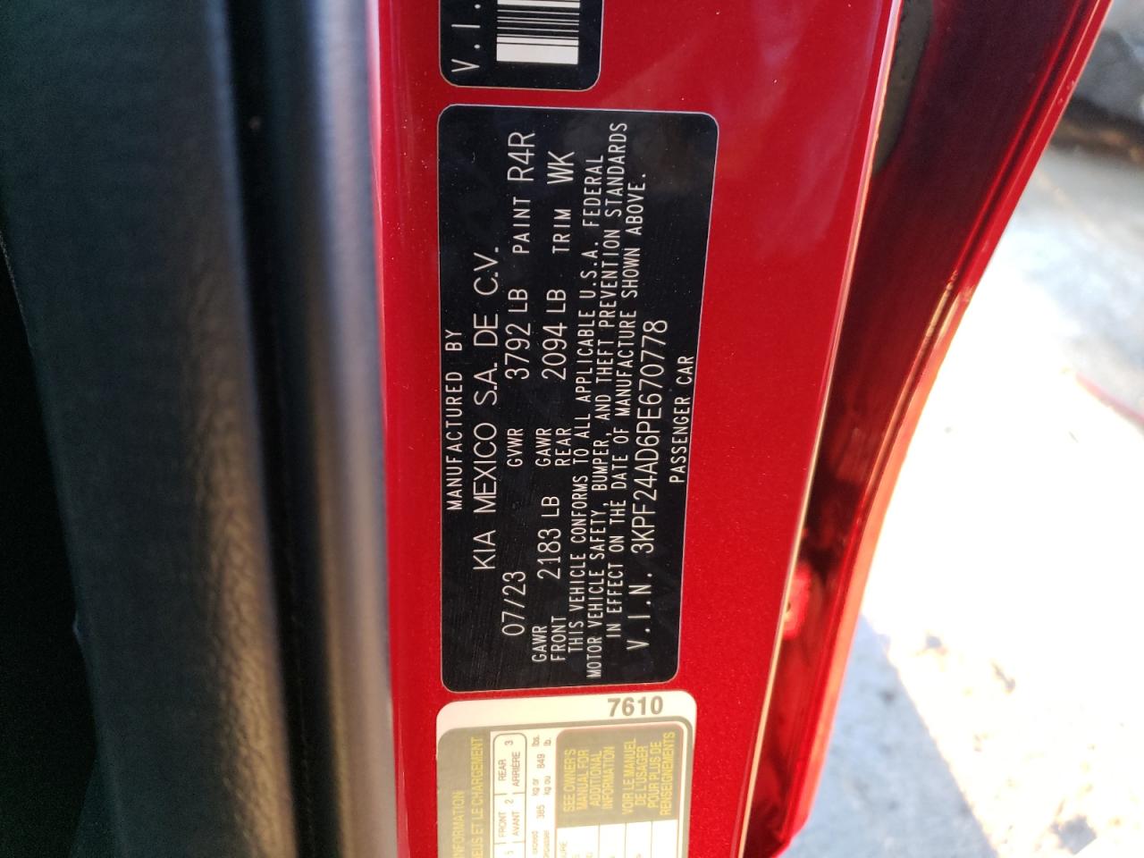 2023 KIA FORTE LX VIN:3KPF24AD6PE670778