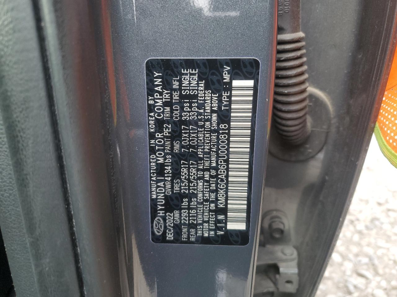 2023 HYUNDAI KONA SEL VIN:KM8K6CAB6PU000818