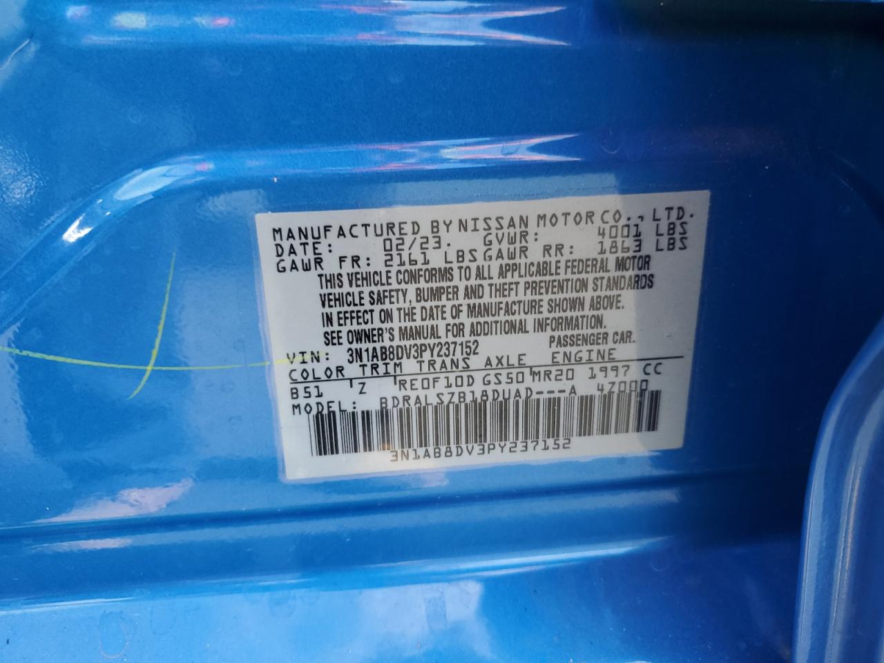 2023 NISSAN SENTRA SR VIN:3N1AB8DV3PY237152