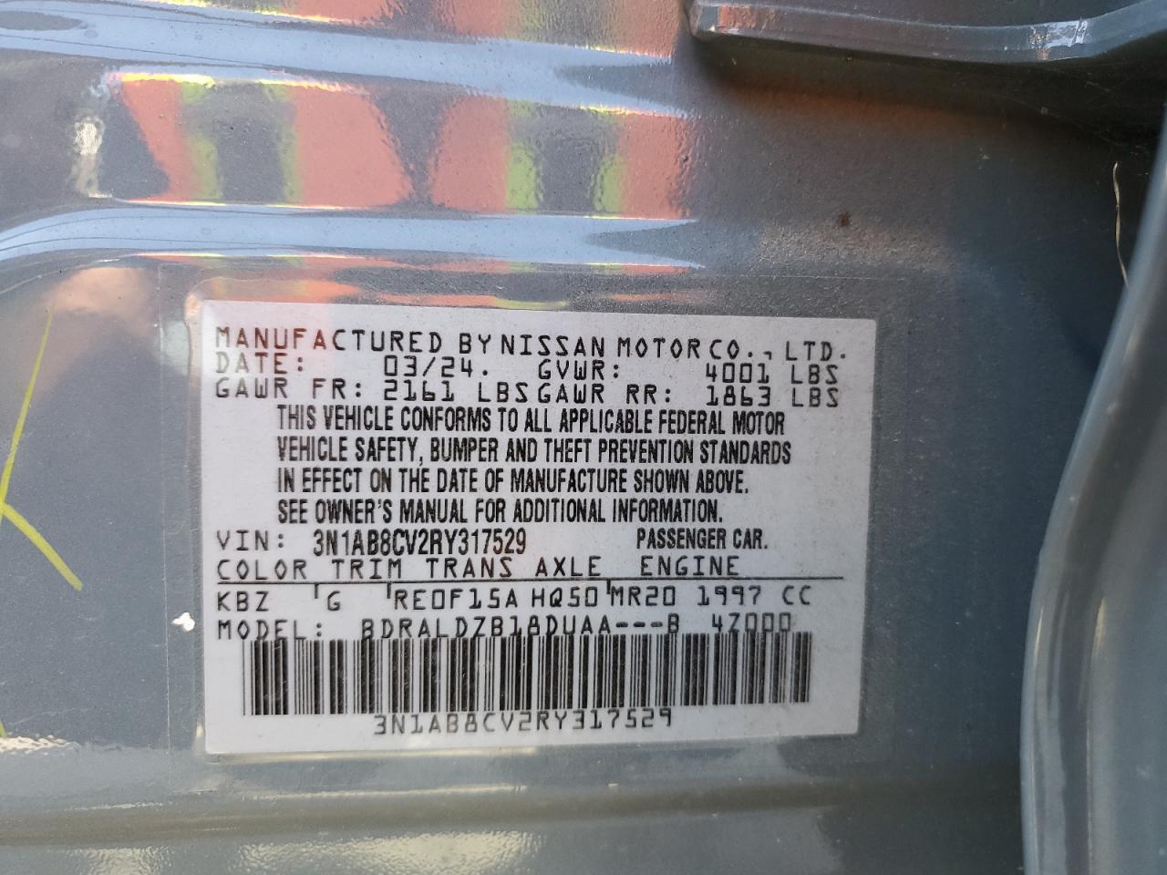 2024 NISSAN SENTRA SV VIN:3N1AB8CV2RY317529