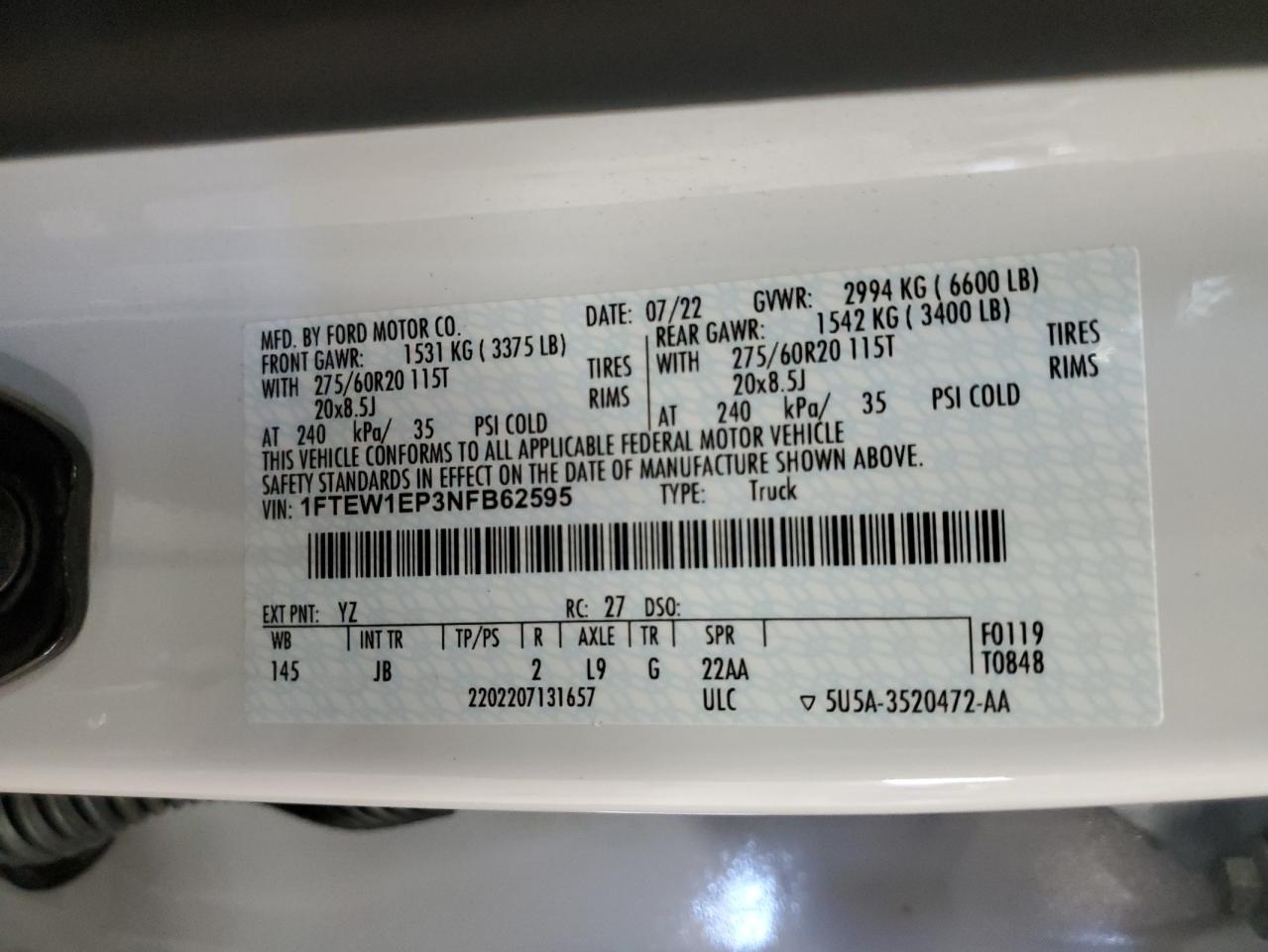 2022 FORD F150 SUPERCREW VIN:1FTEW1EP3NFB62595