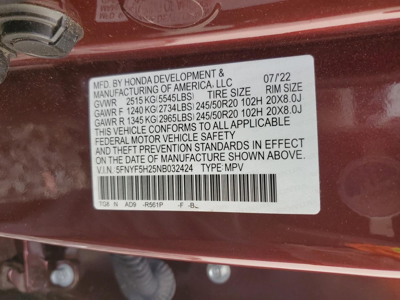 2022 HONDA PILOT SE VIN:5FNYF5H25NB032424