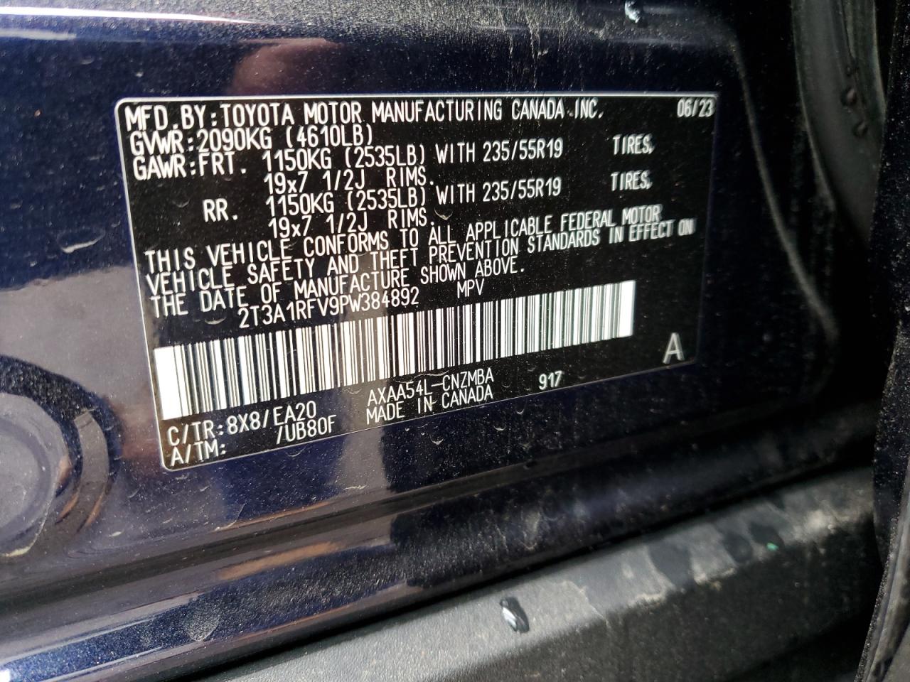 2023 TOYOTA RAV4 XLE PREMIUM VIN:2T3A1RFV9PW384892