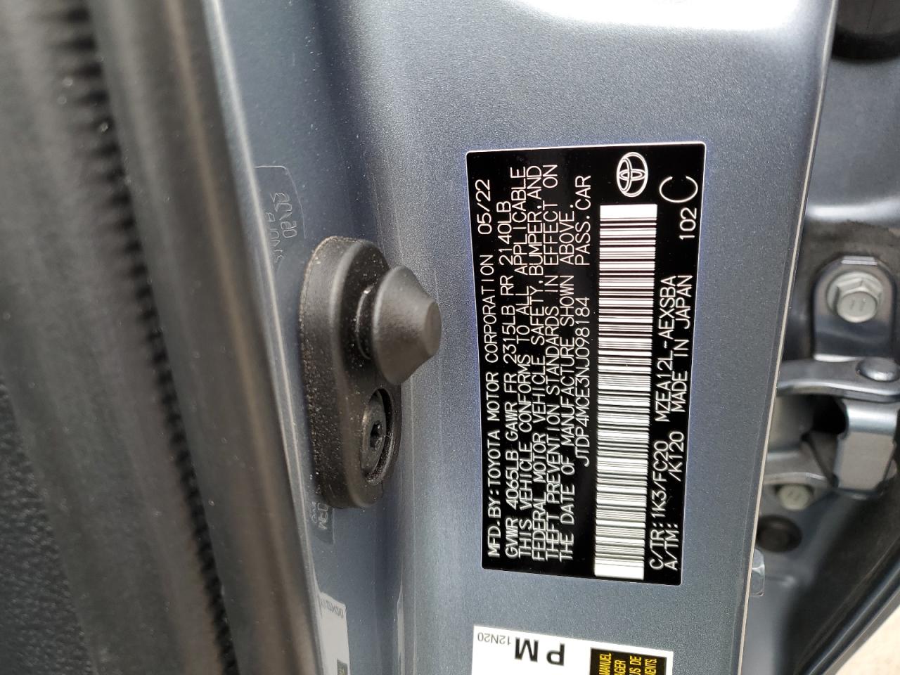 2022 TOYOTA COROLLA SE VIN:JTDP4MCE3NJ098184