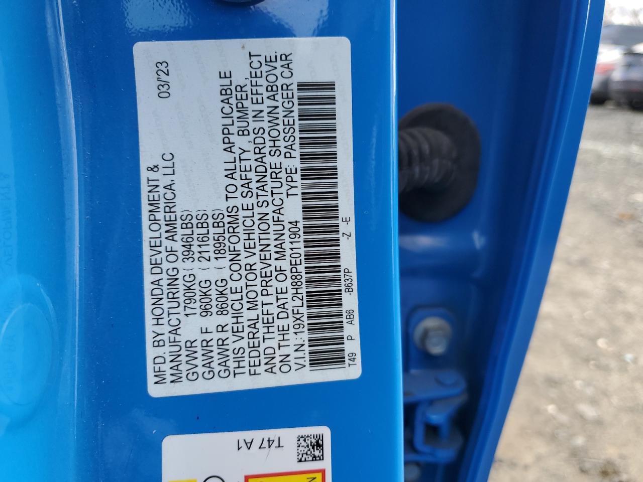 2023 HONDA CIVIC SPORT VIN:19XFL2H88PE011904