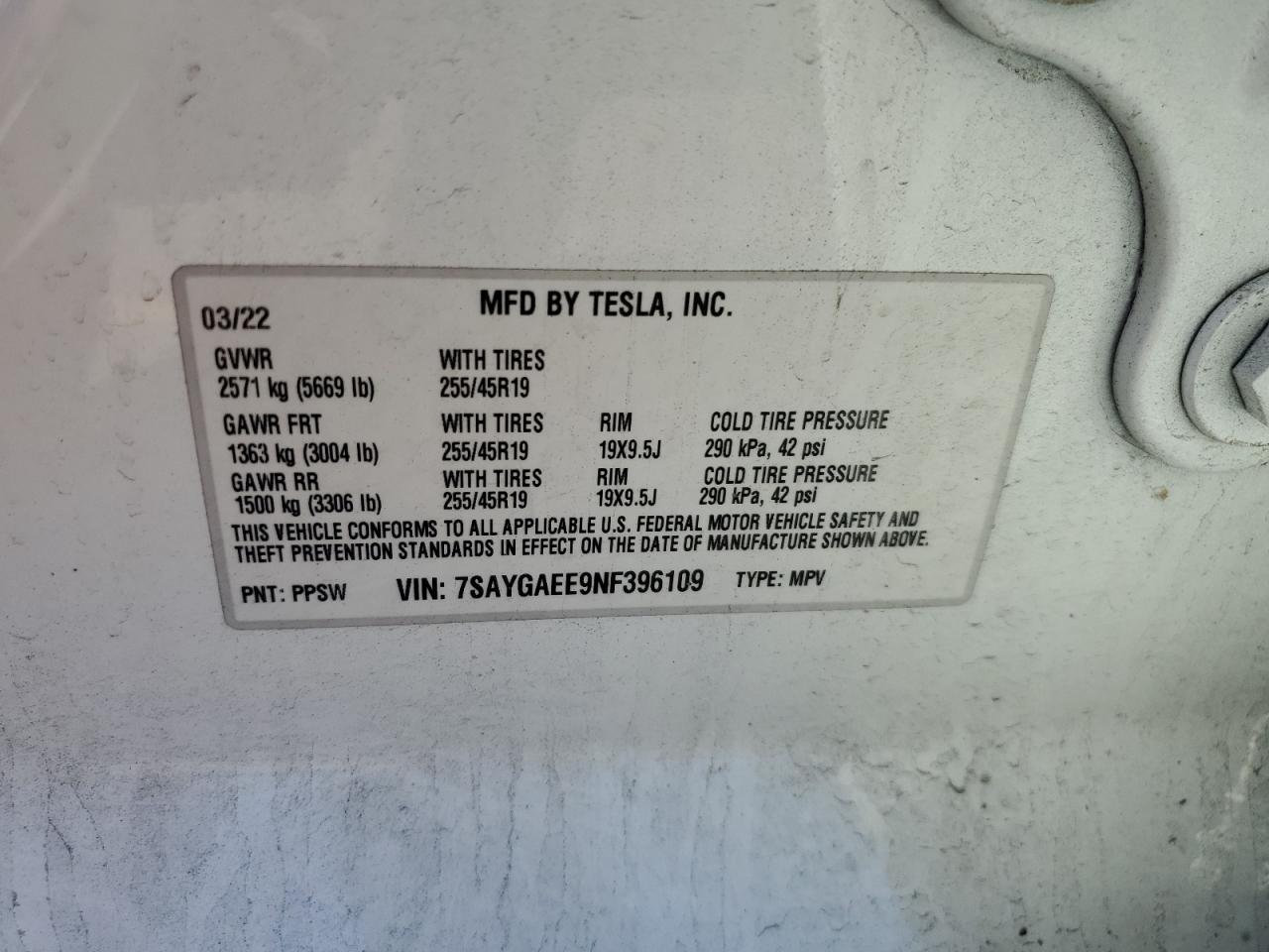 2022 TESLA MODEL Y  VIN:7SAYGAEE9NF396109