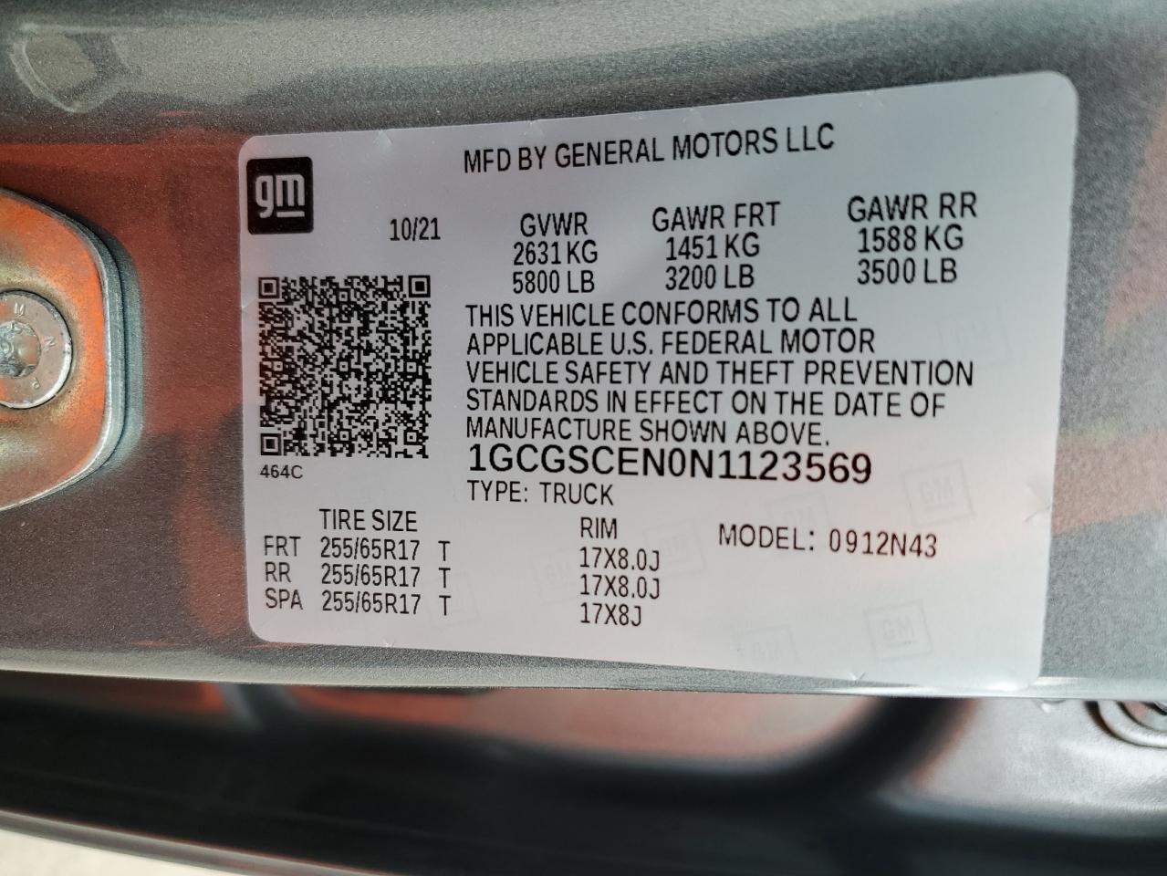 2022 CHEVROLET COLORADO LT VIN:1GCGSCEN0N1123569