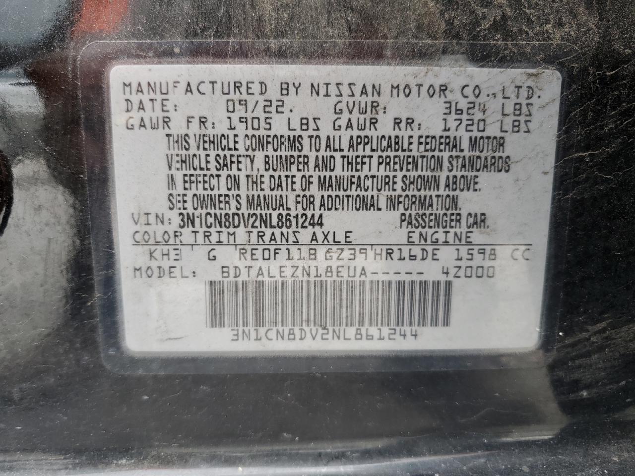 2022 NISSAN VERSA S VIN:3N1CN8DV2NL861244