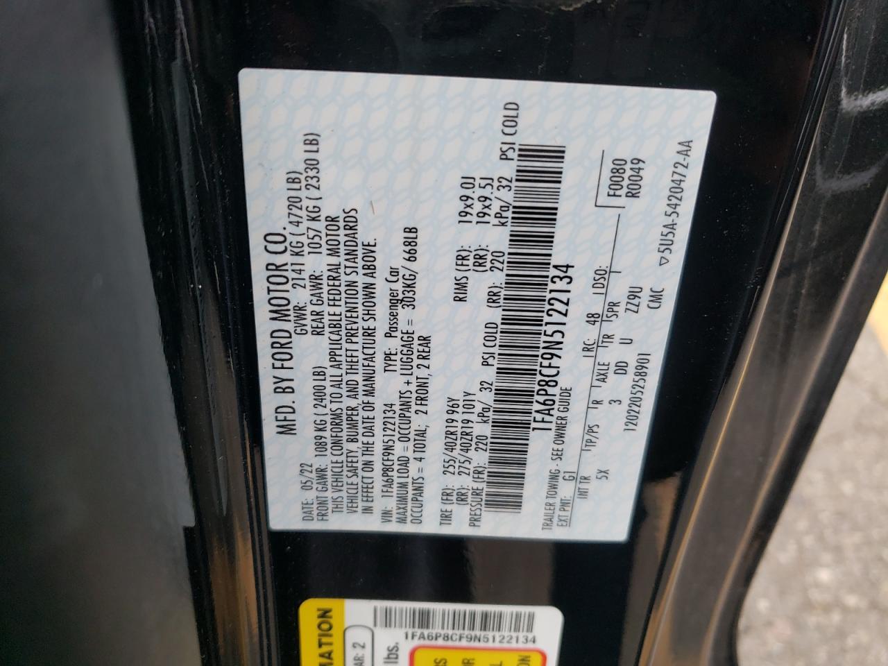 2022 FORD MUSTANG GT VIN:1FA6P8CF9N5122134
