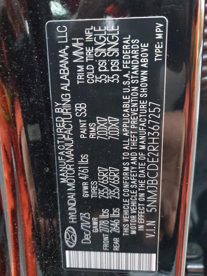 2024 HYUNDAI TUCSON SEL VIN:5NMJBCDE2RH367257