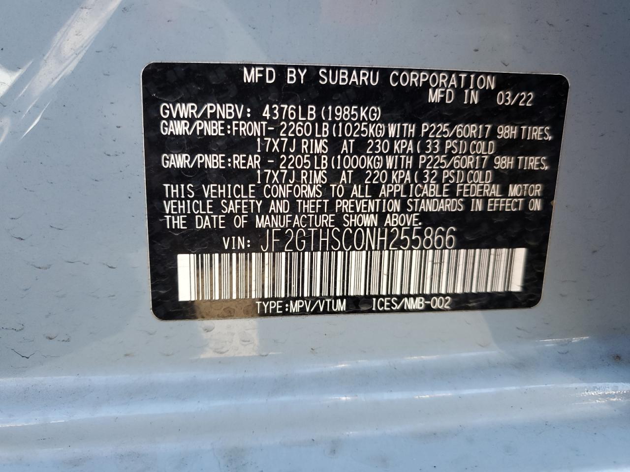 2022 SUBARU CROSSTREK SPORT VIN:JF2GTHSC0NH255866