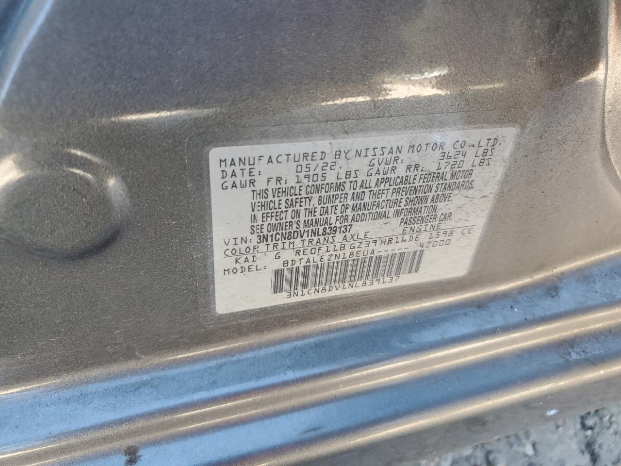 2022 NISSAN VERSA S VIN:3N1CN8DV1NL839137