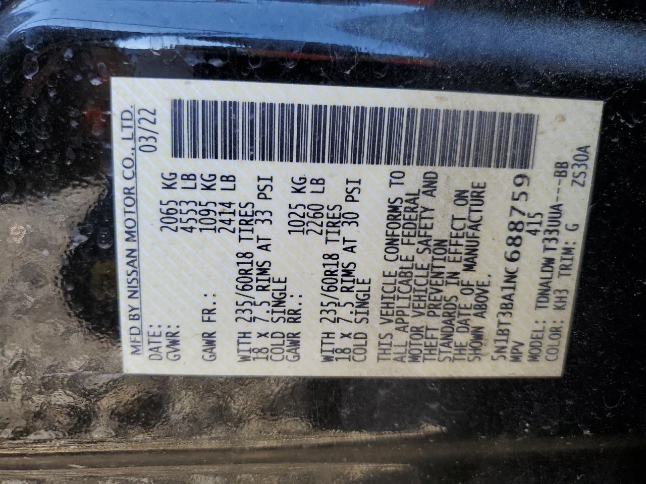 2022 NISSAN ROGUE SV VIN:5N1BT3BA1NC688759