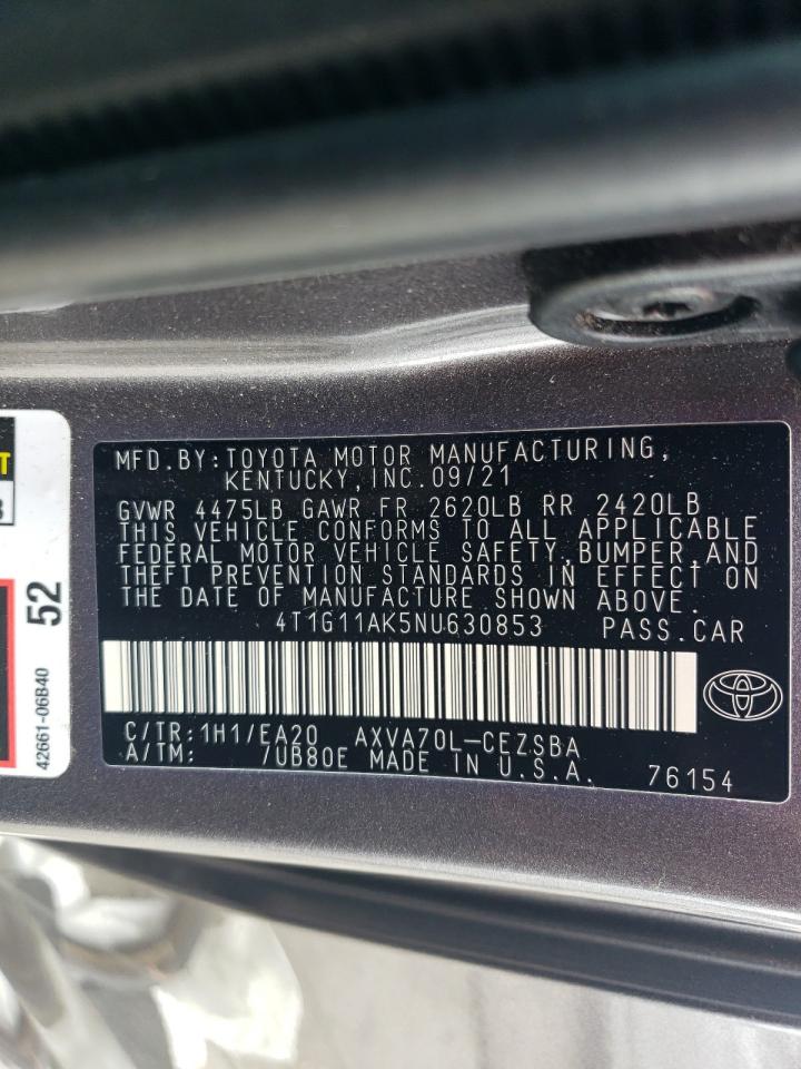 2022 TOYOTA CAMRY SE VIN:4T1G11AK5NU630853