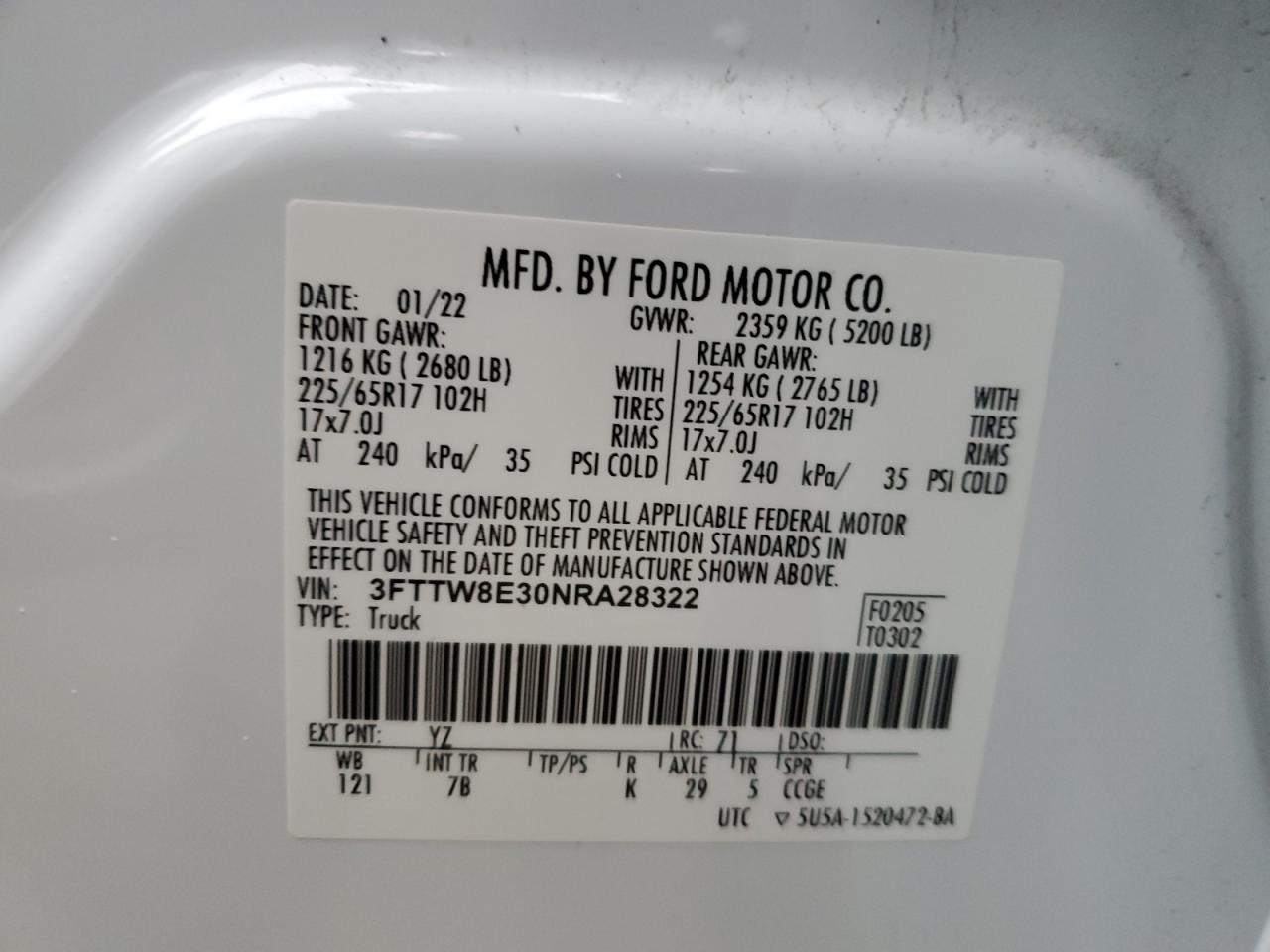 2022 FORD MAVERICK XL VIN:3FTTW8E30NRA28322