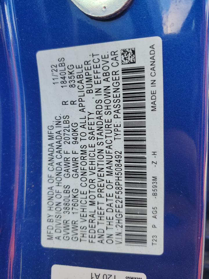 2023 HONDA CIVIC SPORT VIN:2HGFE2F58PH508492