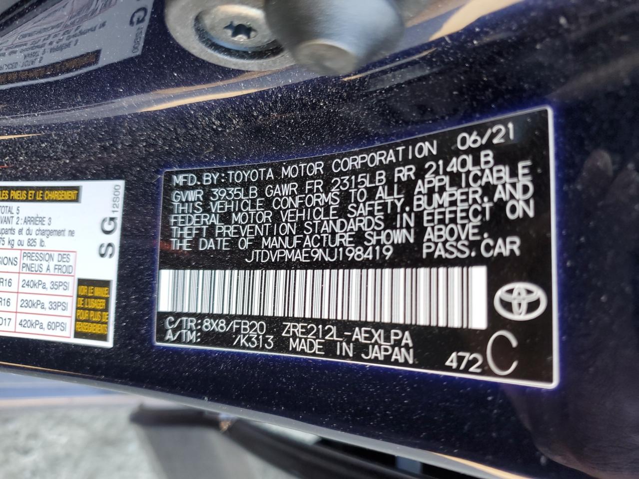 2022 TOYOTA COROLLA LE VIN:JTDVPMAE9NJ198419