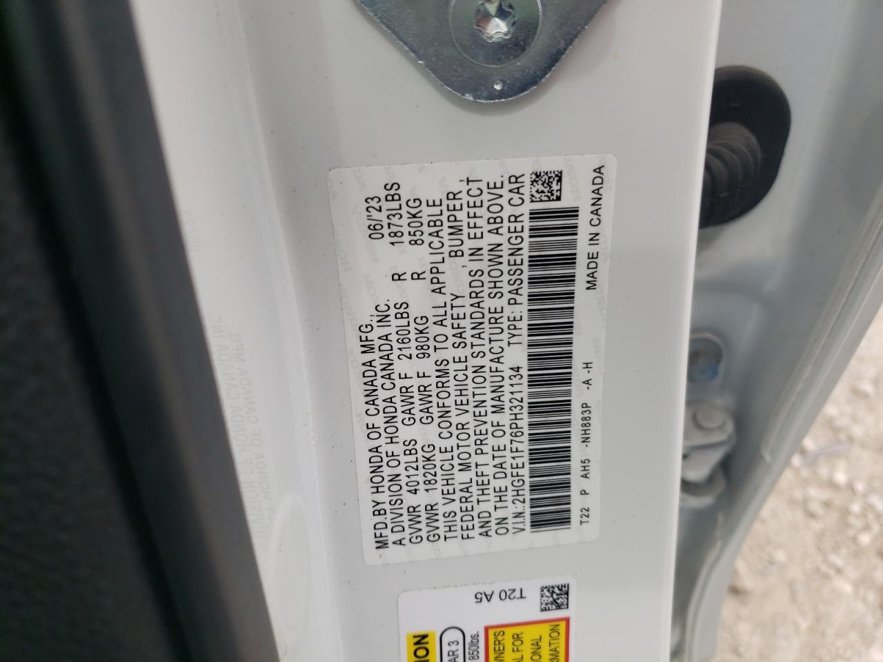 2023 HONDA CIVIC EX VIN:2HGFE1F76PH321134