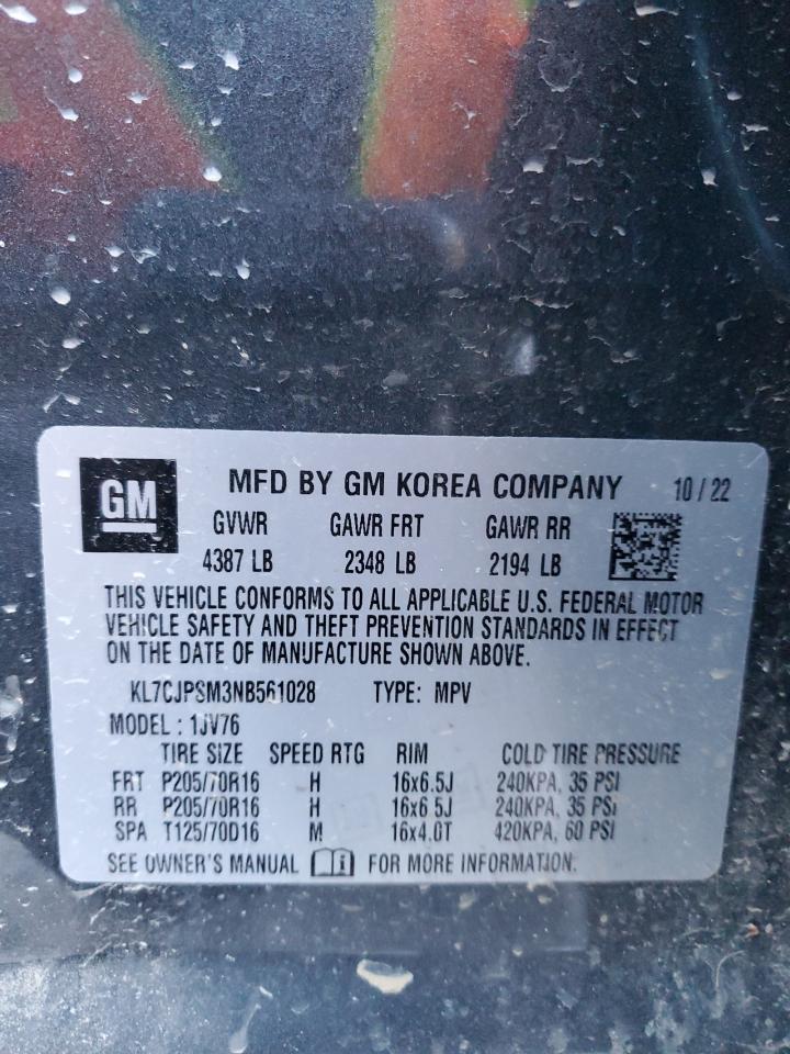 2022 CHEVROLET TRAX 1LT VIN:KL7CJPSM3NB561028