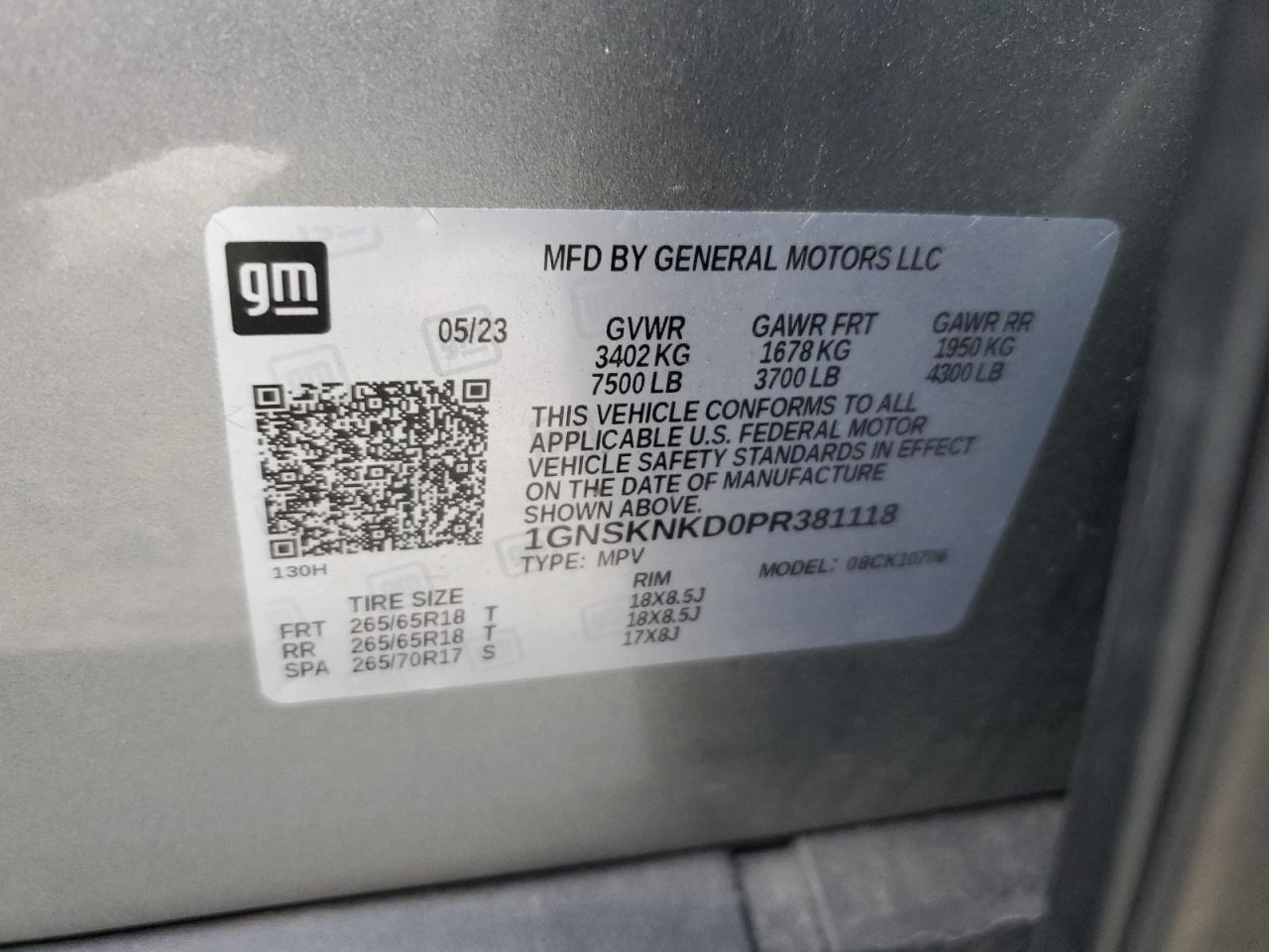 2023 CHEVROLET TAHOE K1500 LT VIN:1GNSKNKD0PR381118