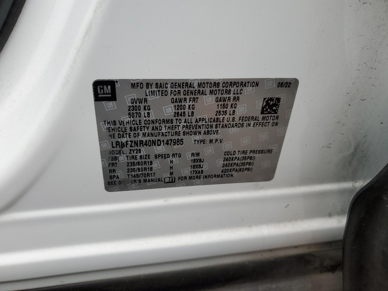 2022 BUICK ENVISION ESSENCE VIN:LRBFZNR40ND147985