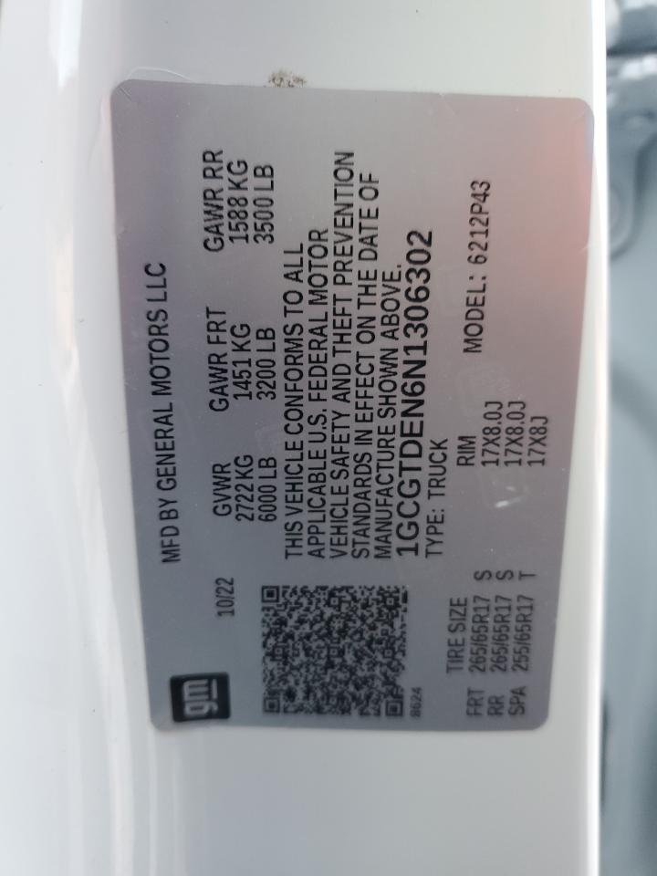 2022 CHEVROLET COLORADO Z71 VIN:1GCGTDEN6N1306302