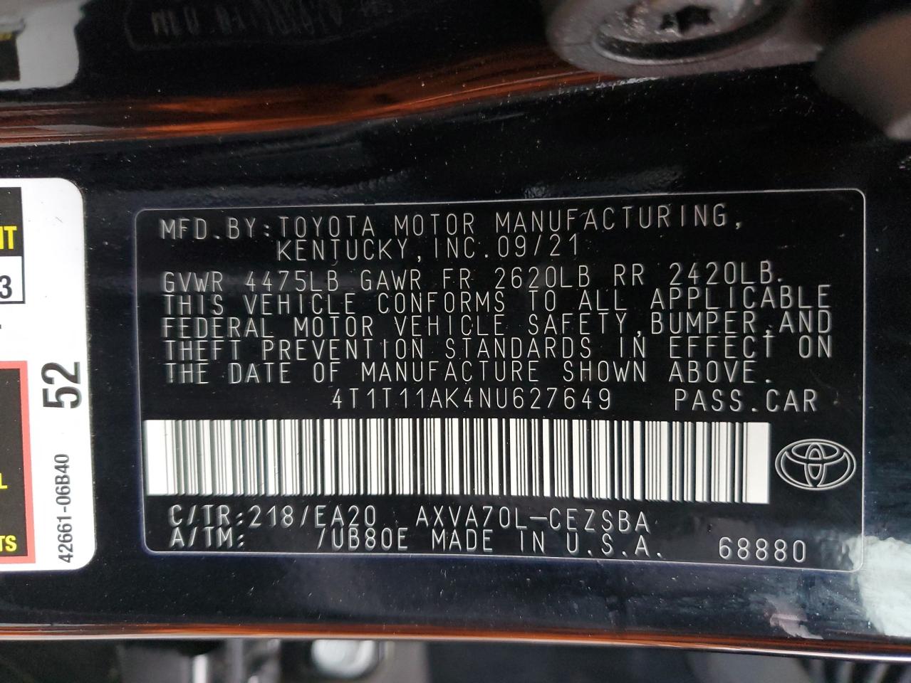 2022 TOYOTA CAMRY SE VIN:4T1T11AK4NU627649