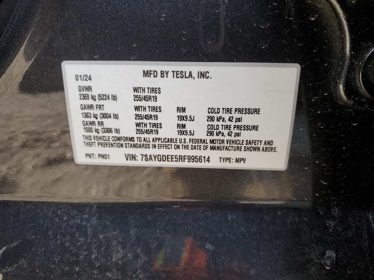 2024 TESLA MODEL Y  VIN:7SAYGDEE5RF995614