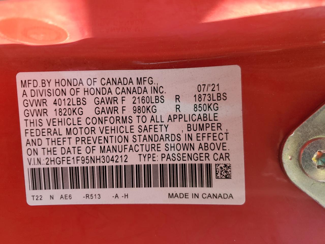 2022 HONDA CIVIC TOURING VIN:2HGFE1F95NH304212